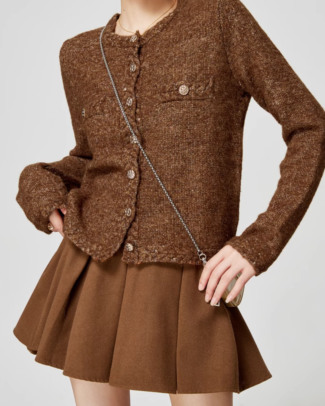 Brown Tweed Jacket / Flared Pleated Skirt LLA0340