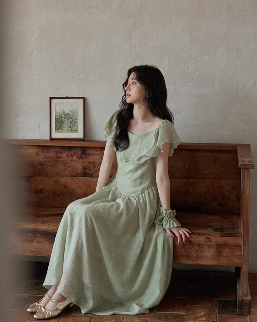 Frill Collar Green Long Dress SMS0012
