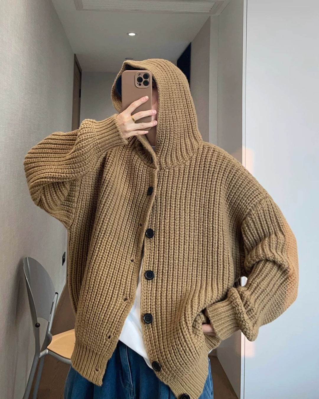 Loose-Gauge Hooded Rib Knit Cardigan DAZ0011