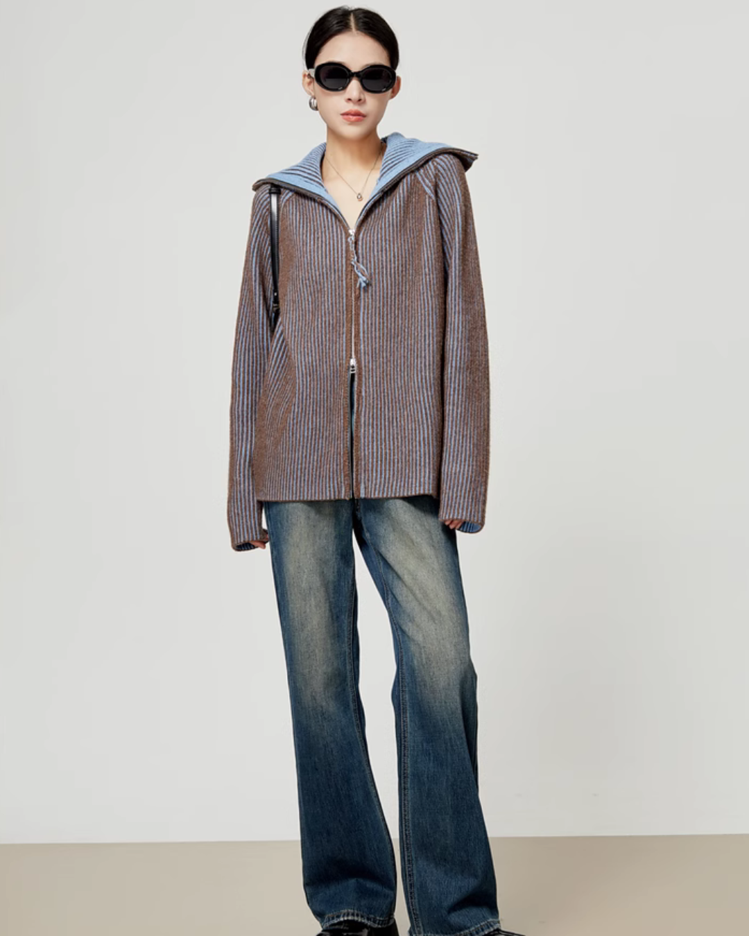 Double Zipper Knit Cardigan / Vintage Denim Pants LLA0344
