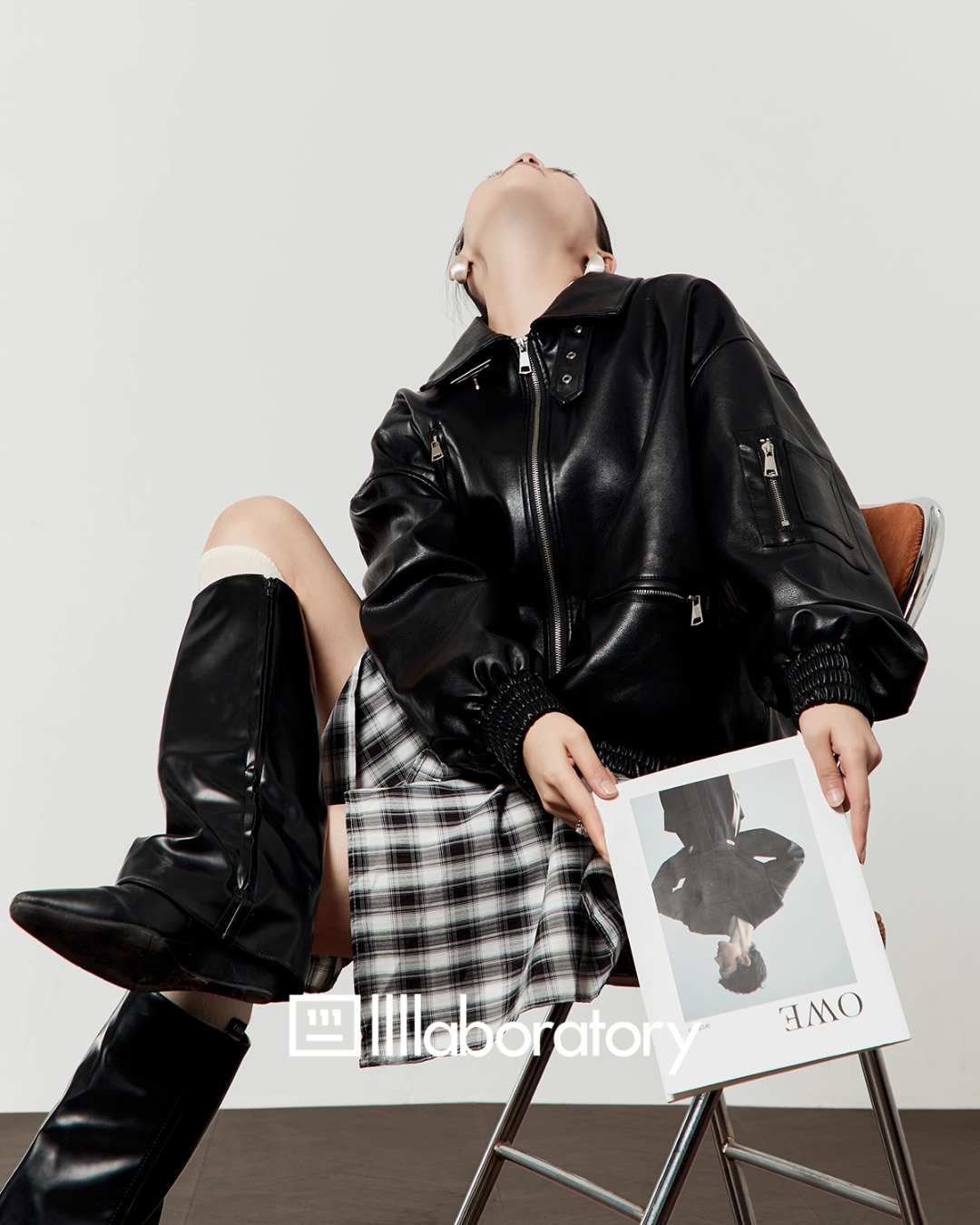 Vintage Leather Jacket / Asymmetrical Check Skirt LLA0528