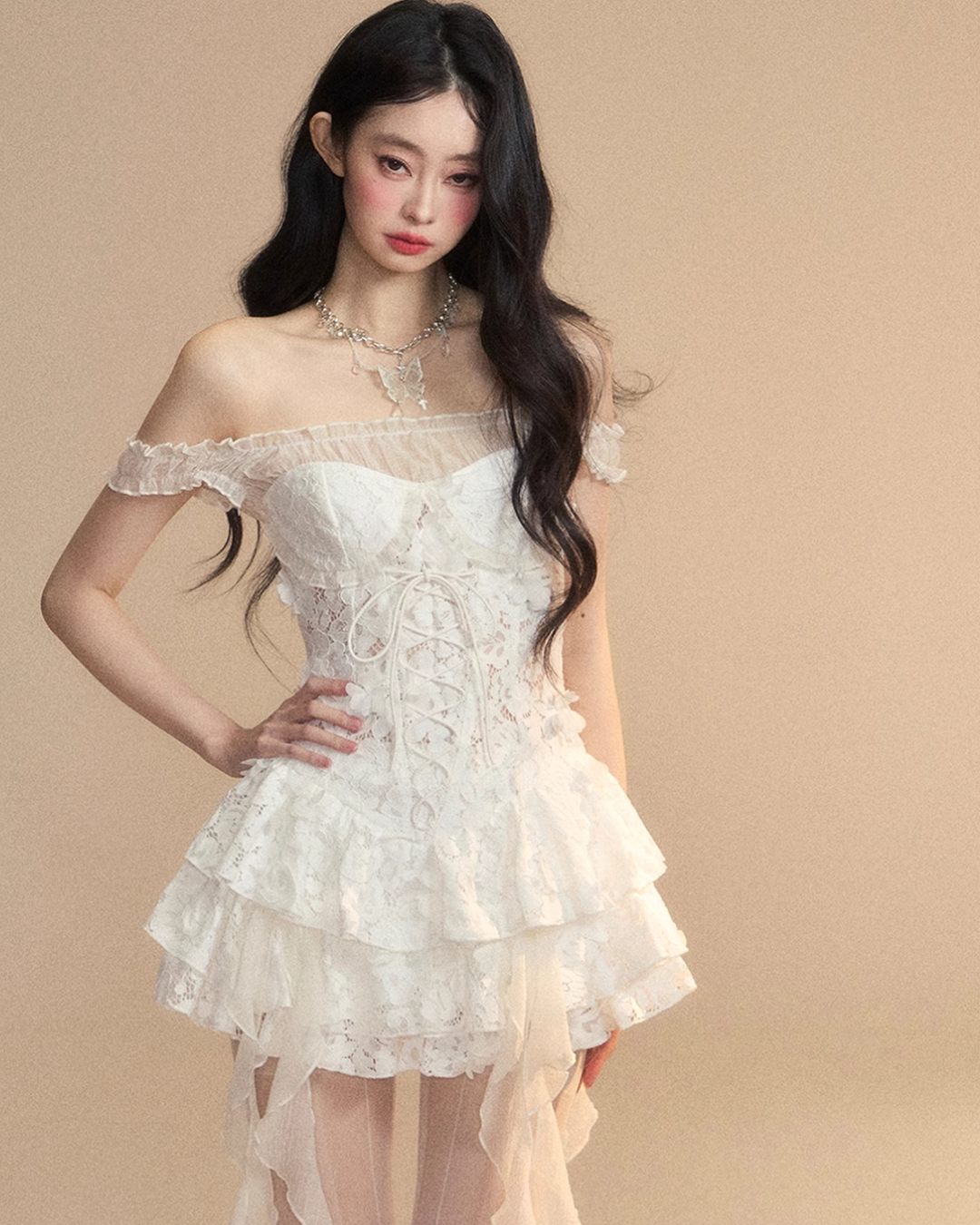 Off-shoulder lace ruffle dress LAS0022