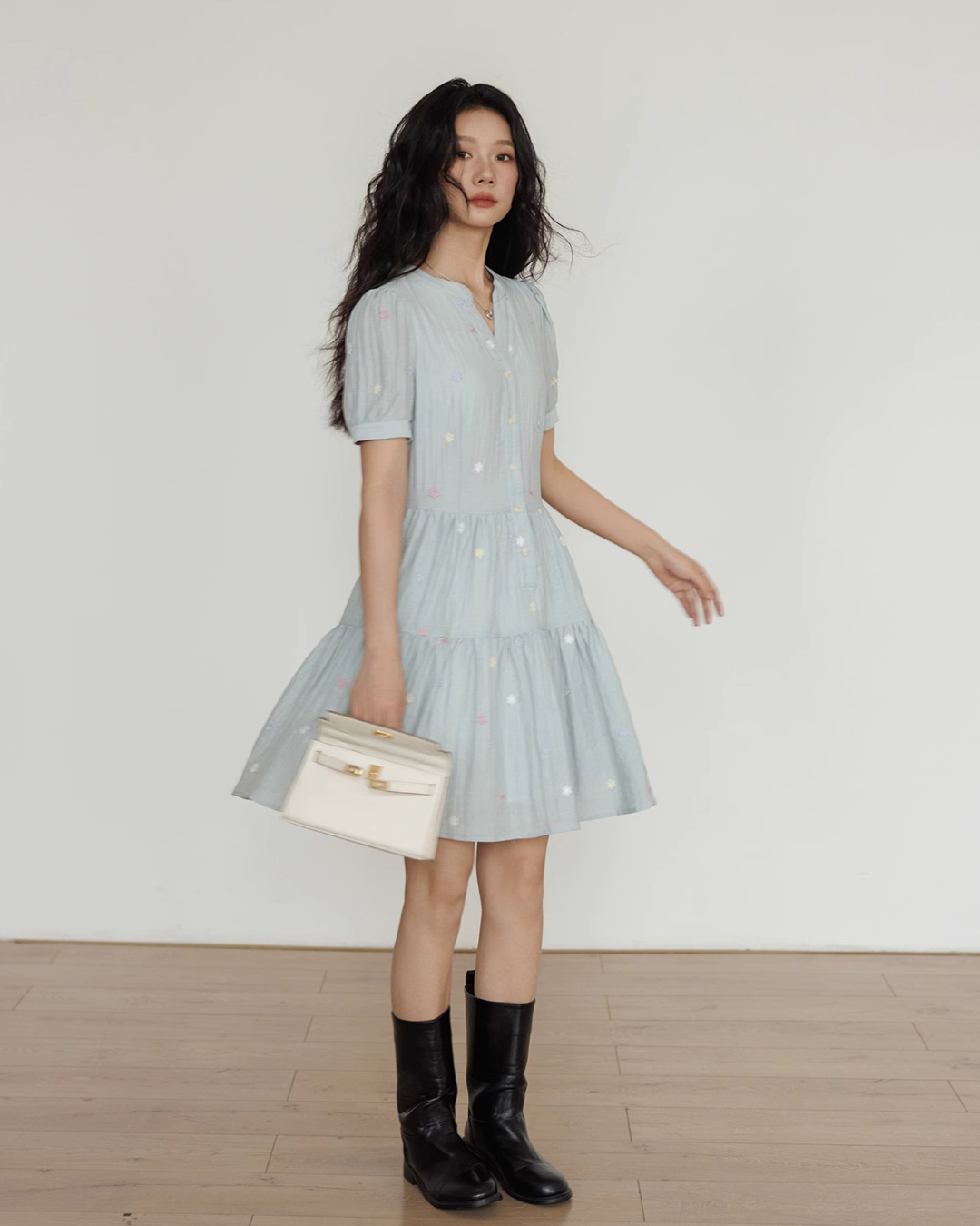 Flower Embroidery Tiered Mini Dress VAS0020