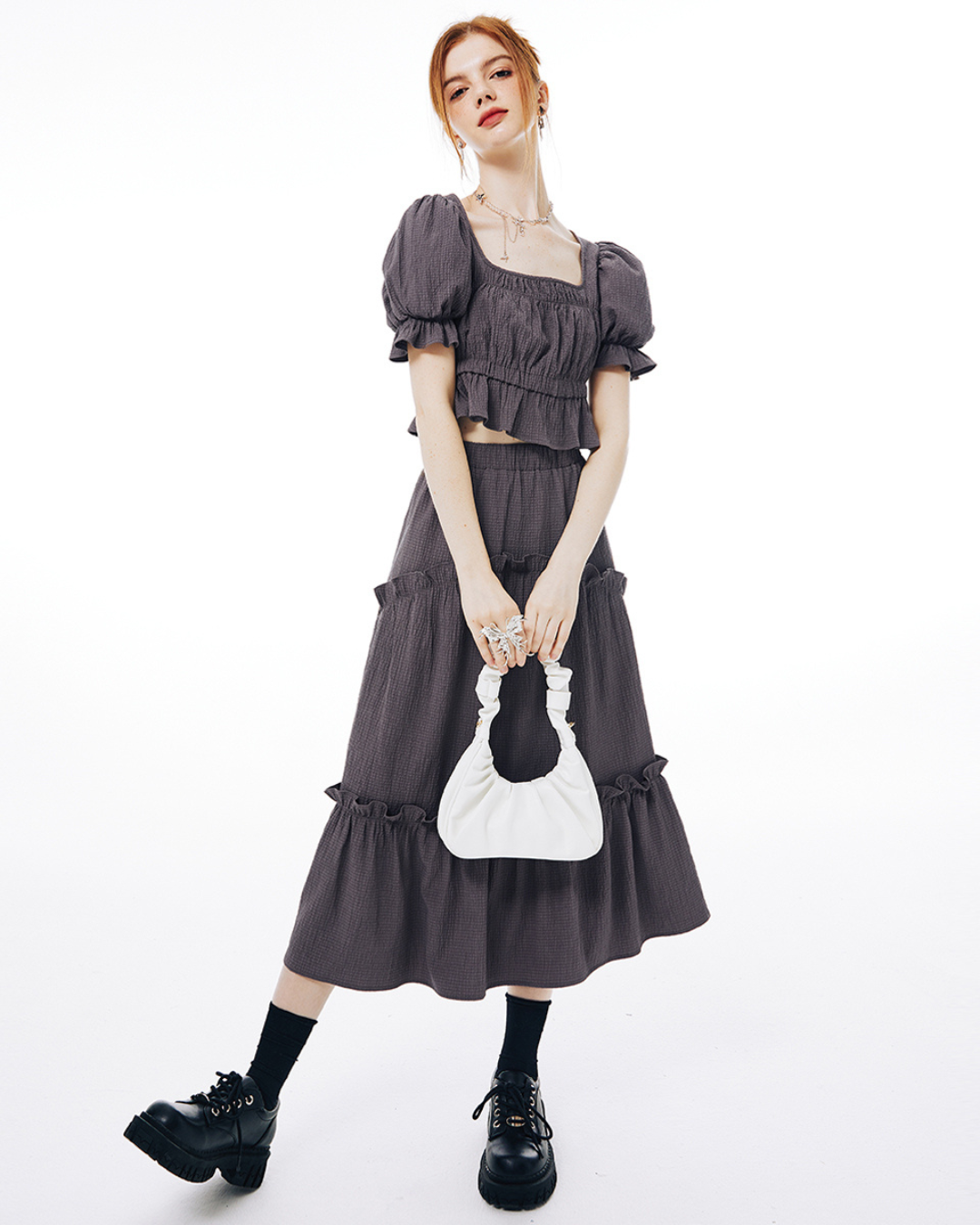 Balloon Sleeve Ruffle Dress IMO0065