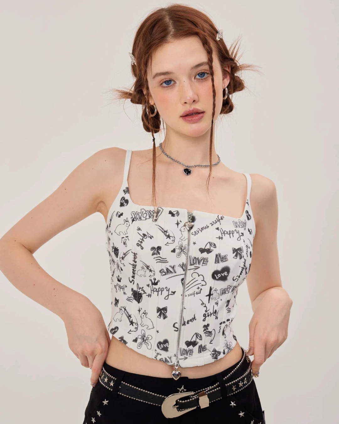 Graffiti Printed Zip Rib Camisole ZZF0252