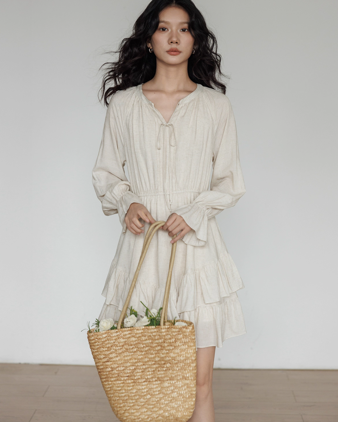 Round Neck Linen Long Sleeve Dress VAS0152
