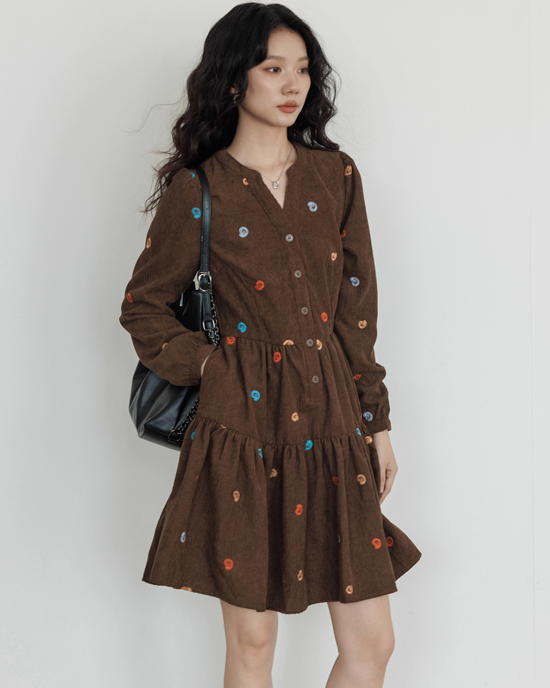V-Neck Embroidered Shirt Dress VAS0169