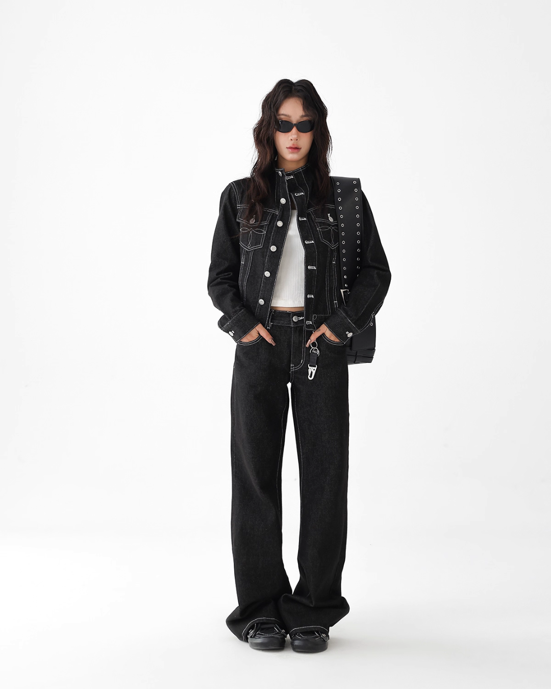 High Neck Stitch Denim Jacket / Wide Denim Pants ACS0265