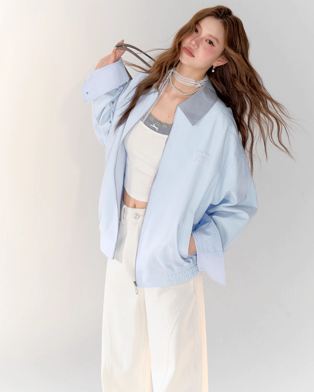 Light Sea Salt Blue Jacket / White Wide Pants ASG0021