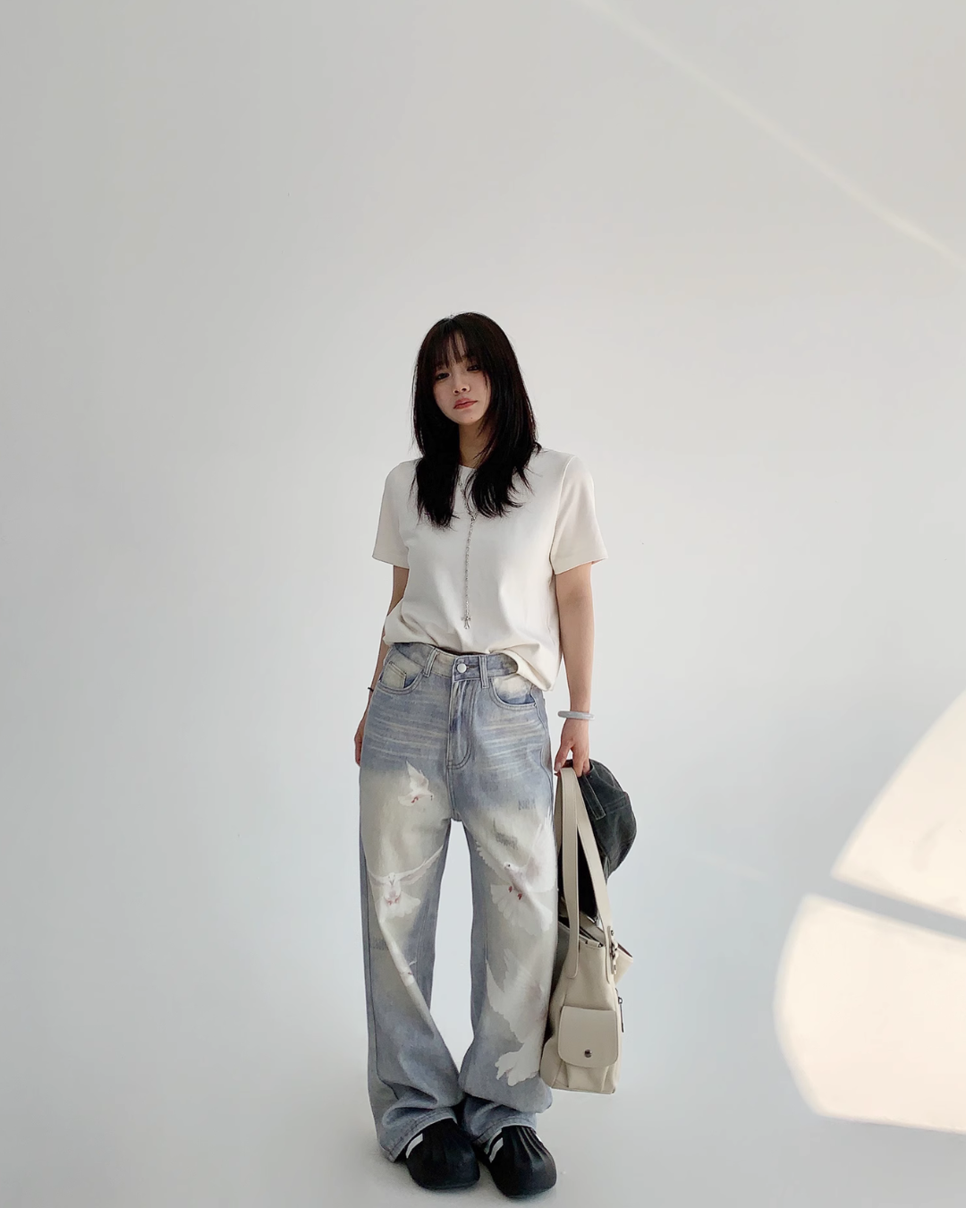 Bird Print Wide Denim Pants YLS0825