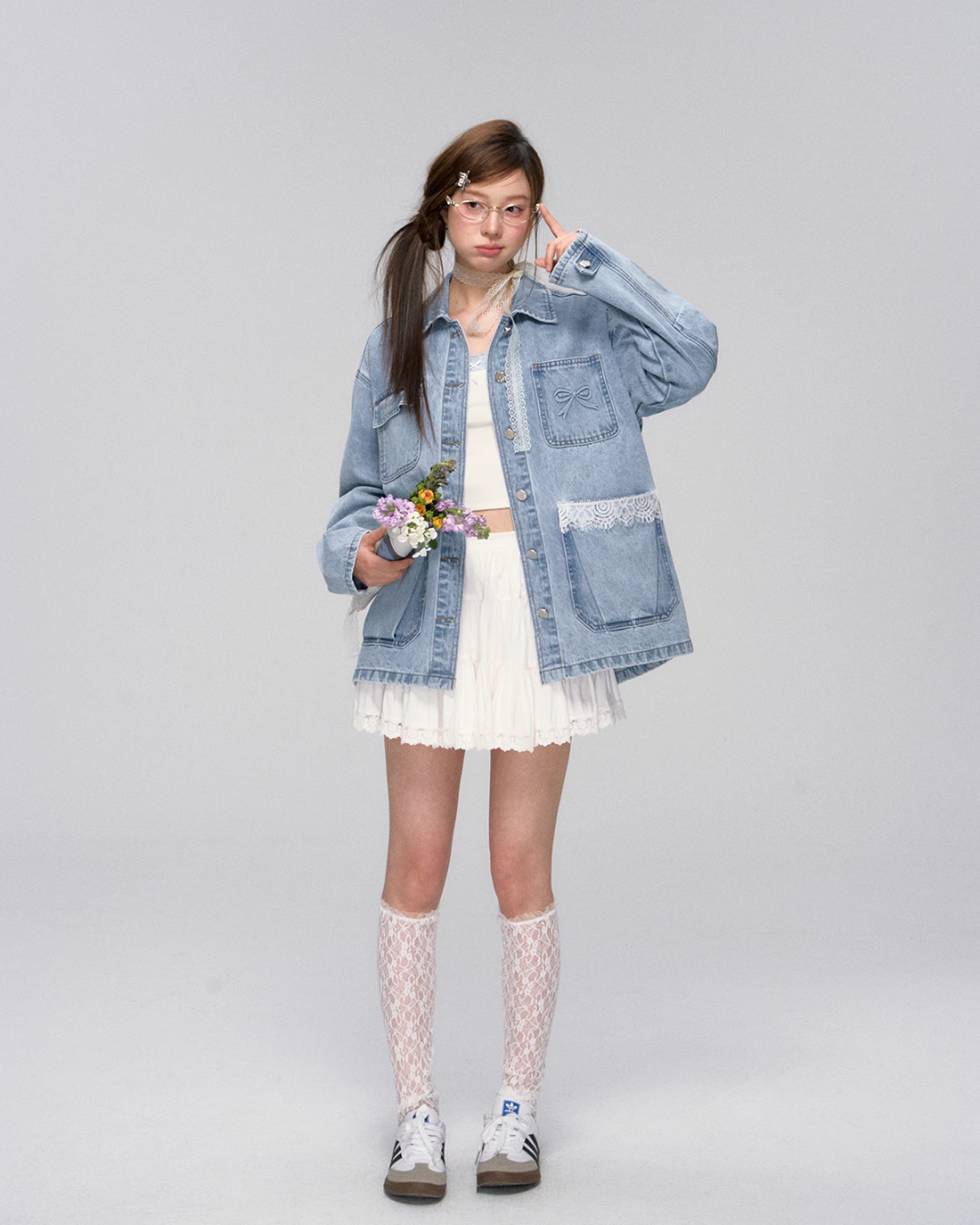 Lace Pocket Denim Jacket / Cropped Lace Camisole ASG0029