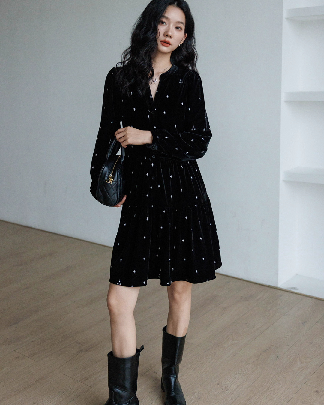 French Star Embroidery Velvet Dress VAS0128