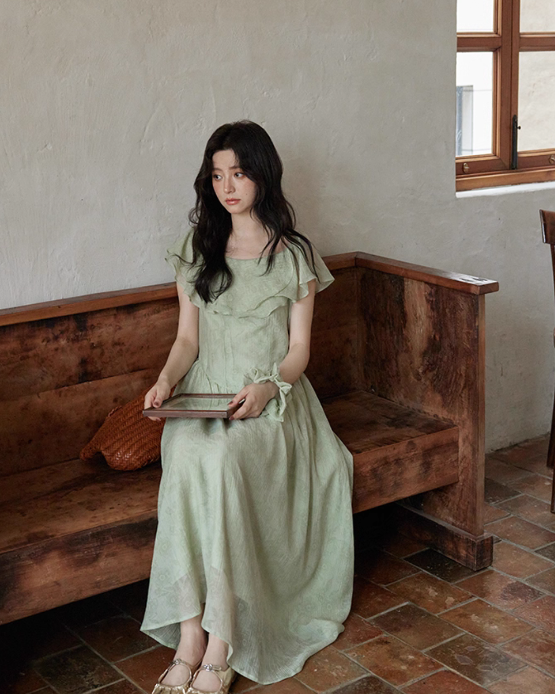 Frill Collar Green Long Dress SMS0012