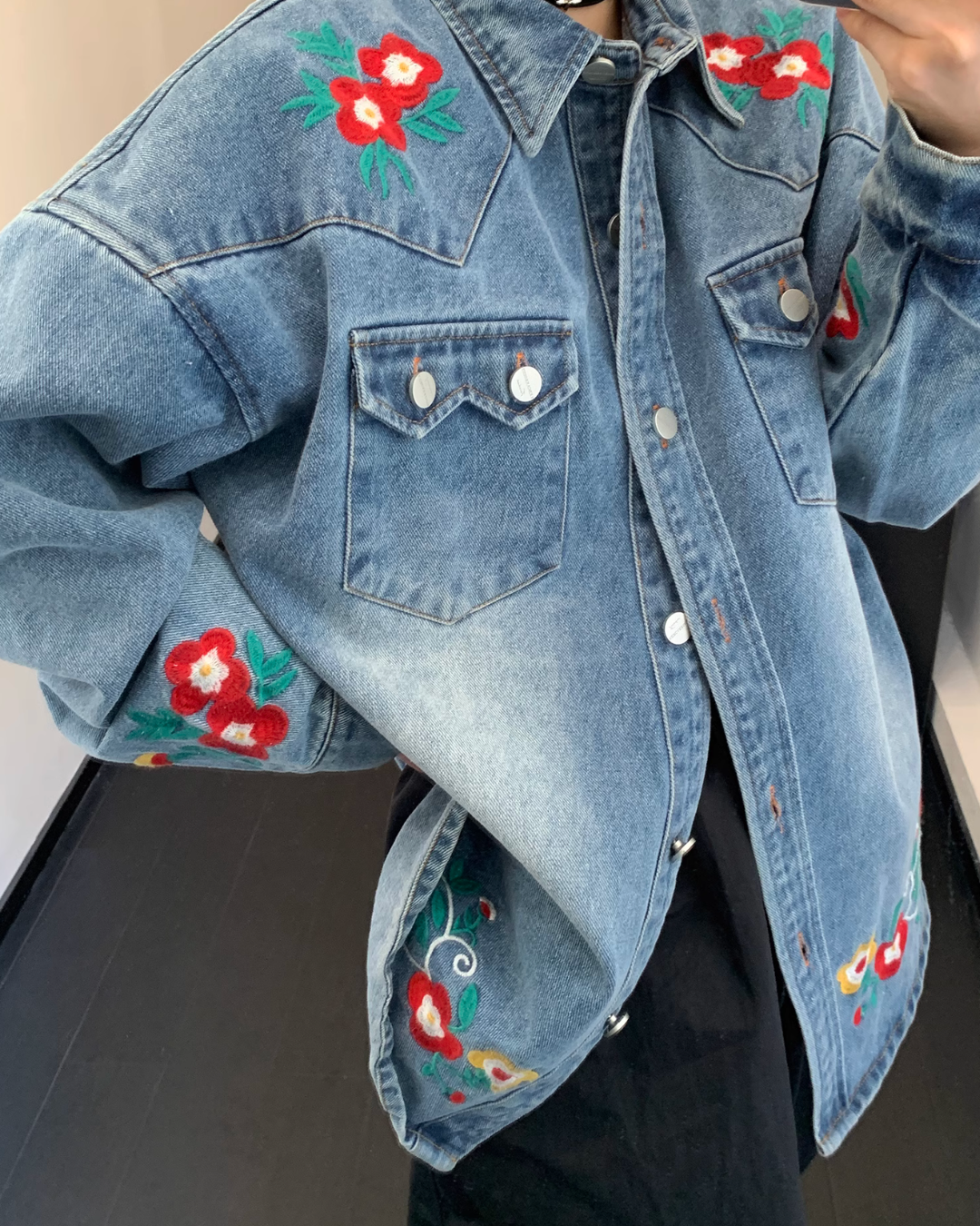 Flower Embroidered Denim Shirt YLS0759