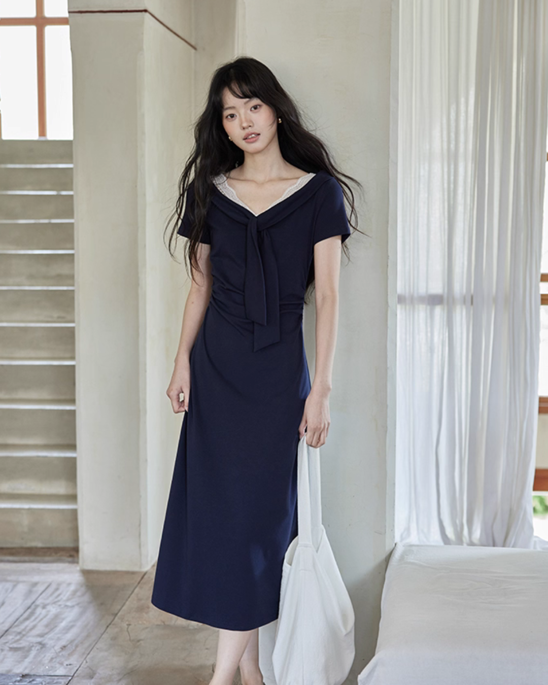 V-neck Navy Blue Dress SMS0025