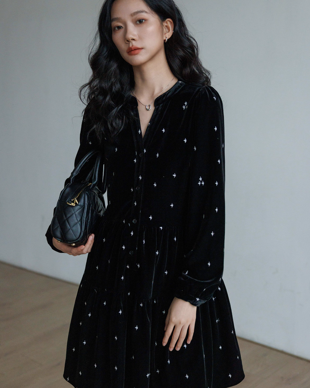 French Star Embroidery Velvet Dress VAS0128