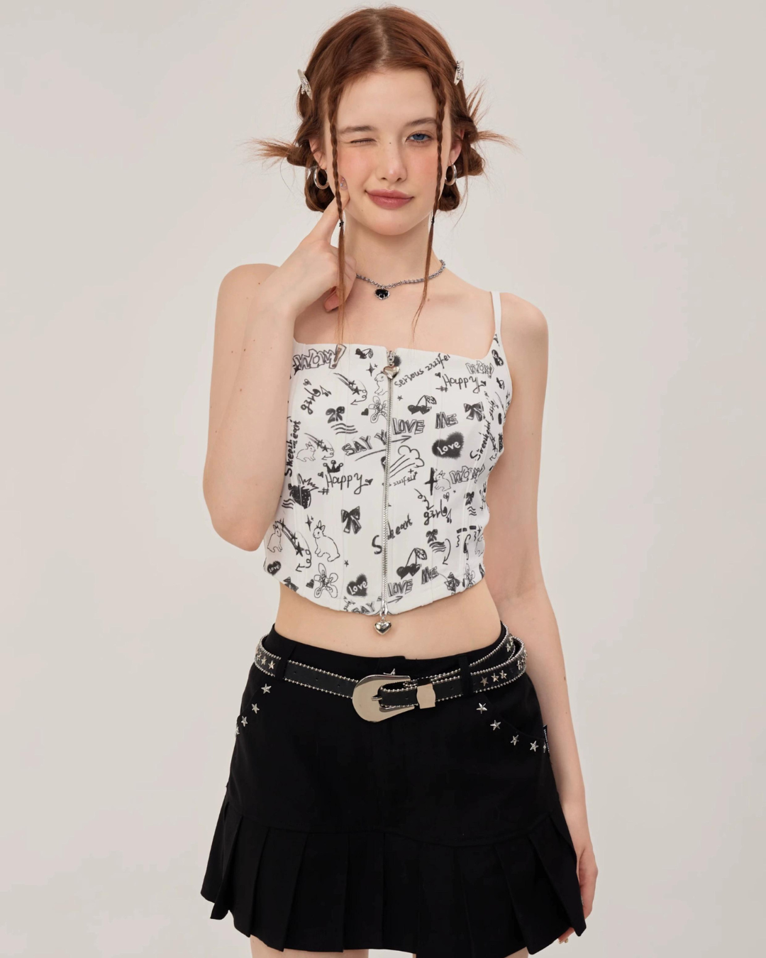 Graffiti Printed Zip Rib Camisole ZZF0252