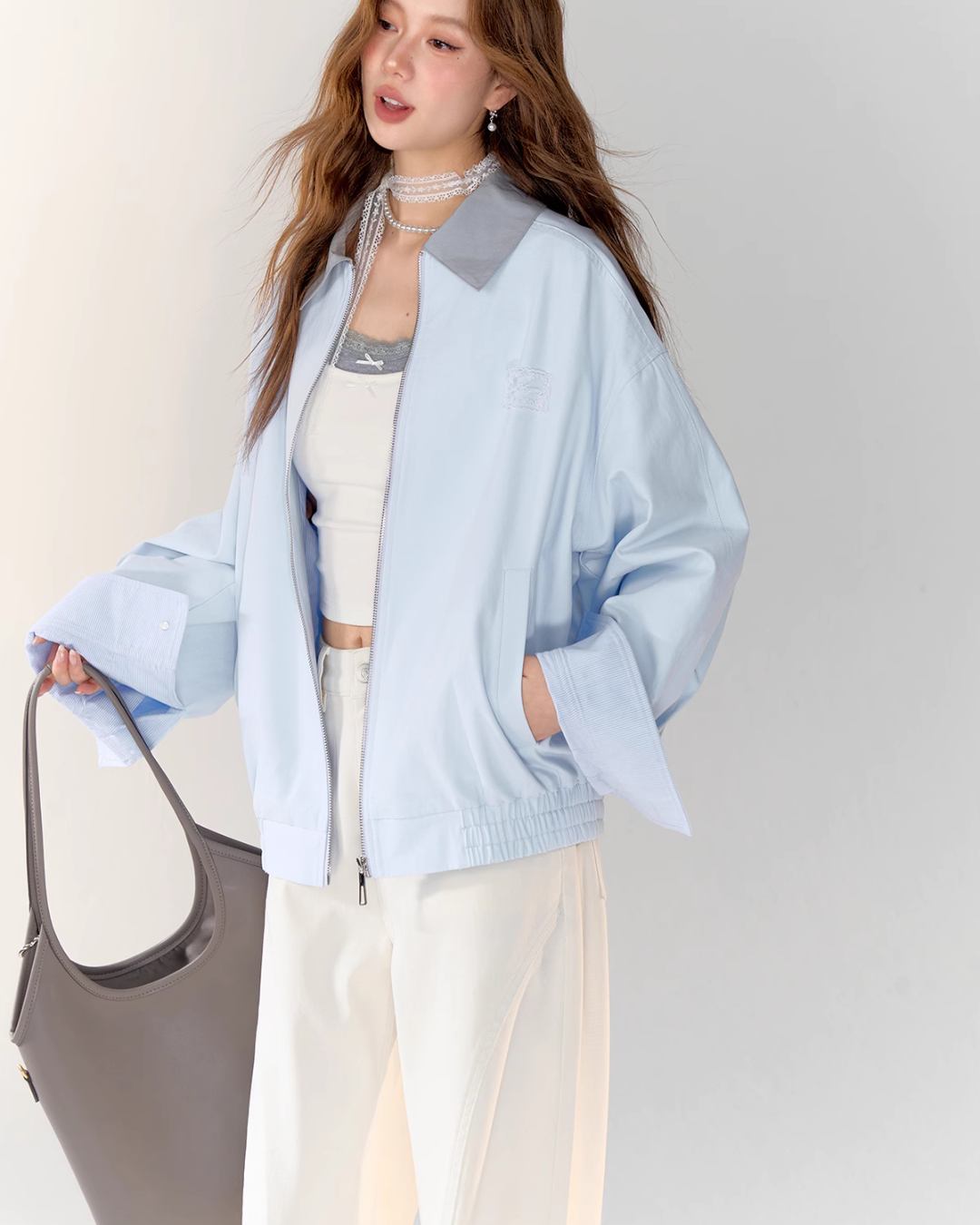 Light Sea Salt Blue Jacket / White Wide Pants ASG0021