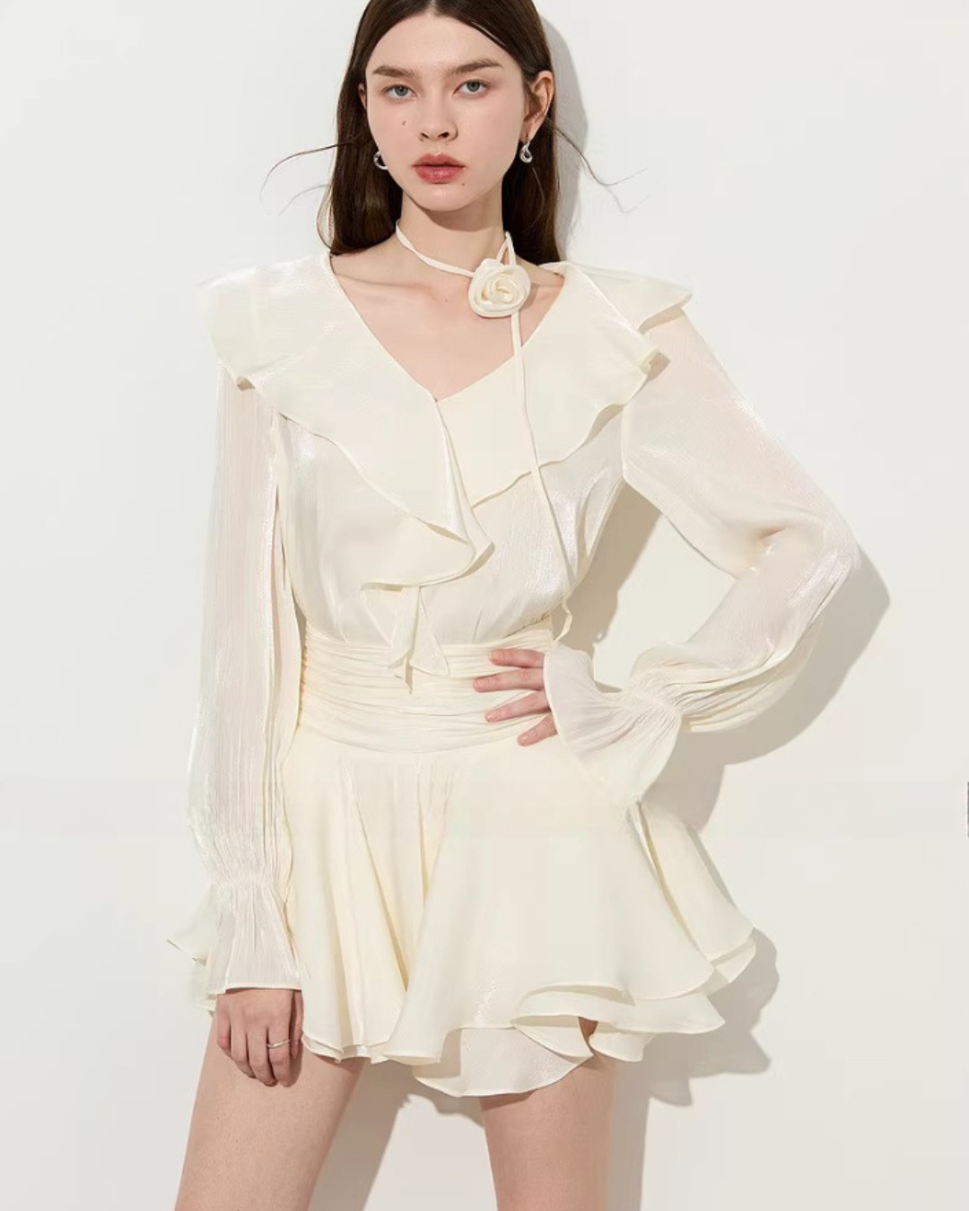 V-Neck Sparkly Sheer Top / Flared Mini Skirt DPY0079