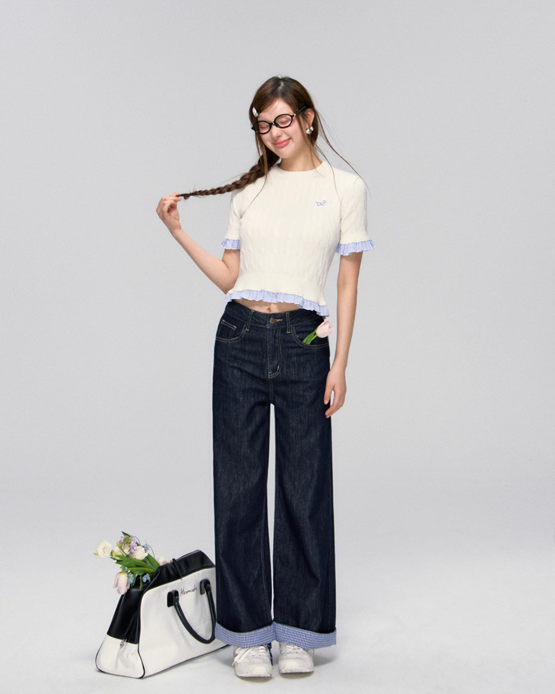 Blue Plaid Patchwork Denim Pants ASG0028