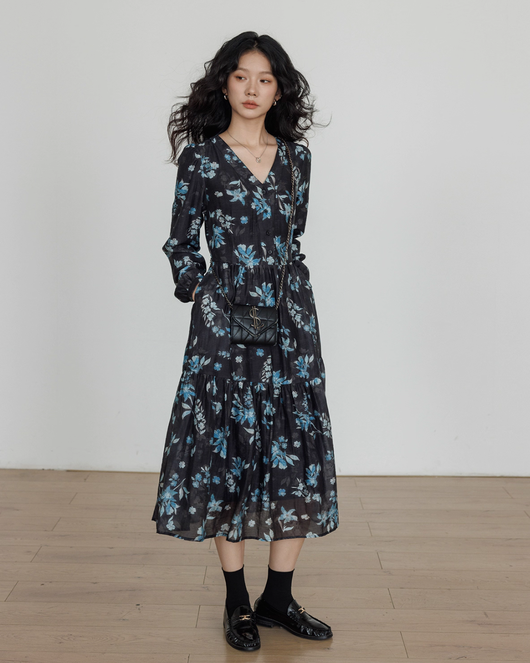 V-Neck Linen Print Elegant Dress VAS0151