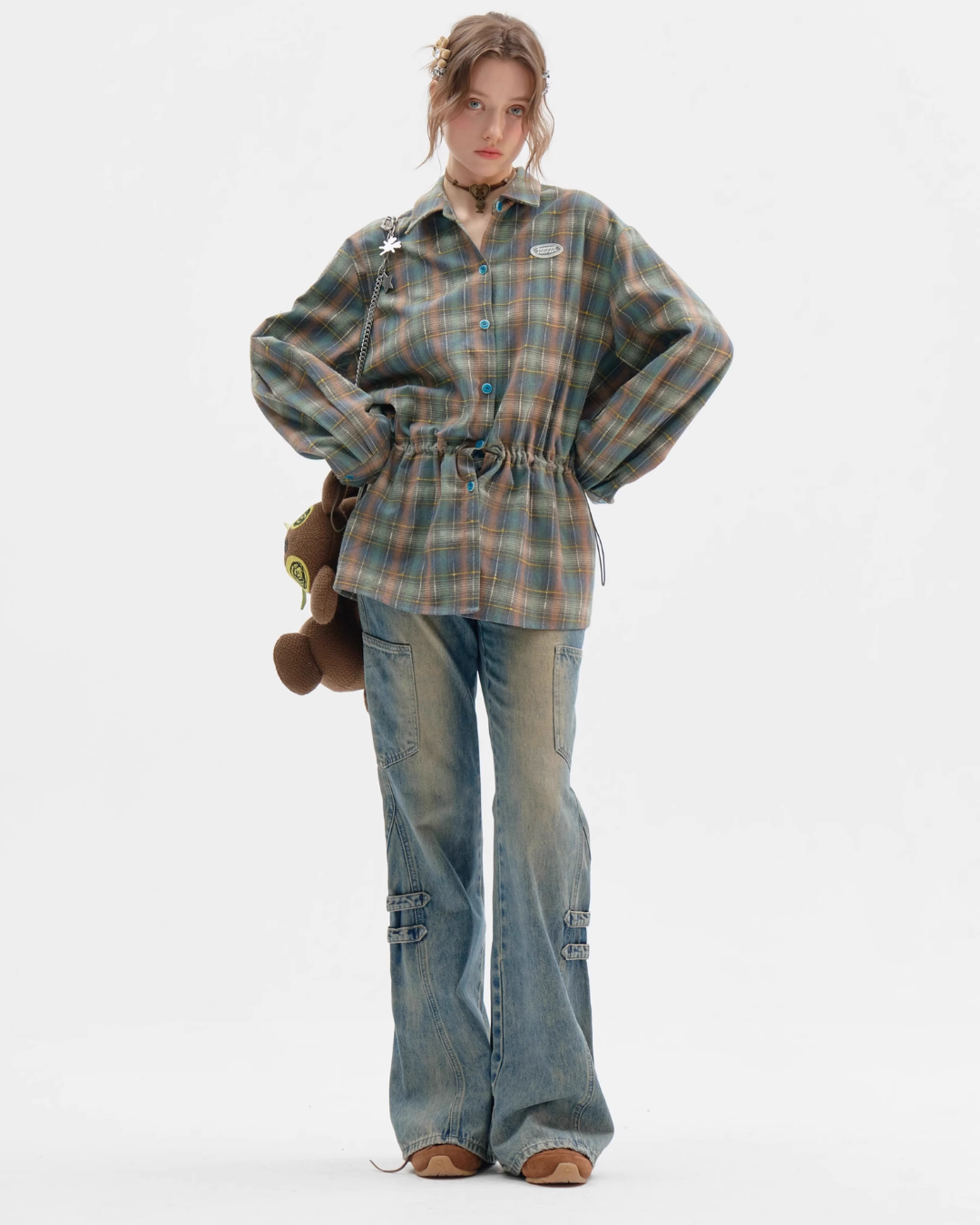 Green Plaid Drawstring Waist Shirt ZZF0360