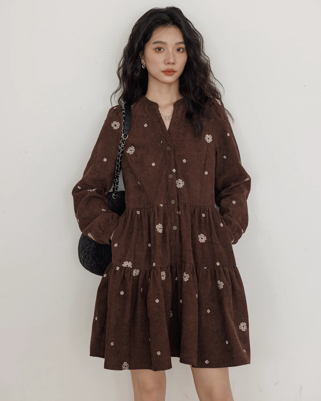 V-Neck Flower Embroidered Dress VAS0001