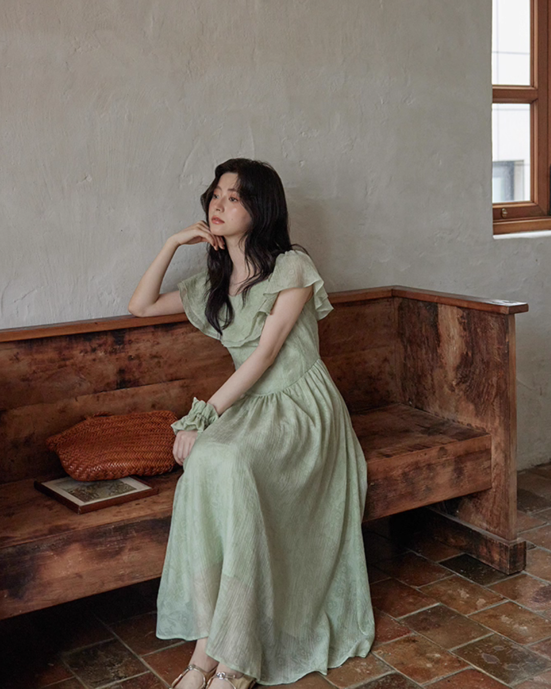 Frill Collar Green Long Dress SMS0012