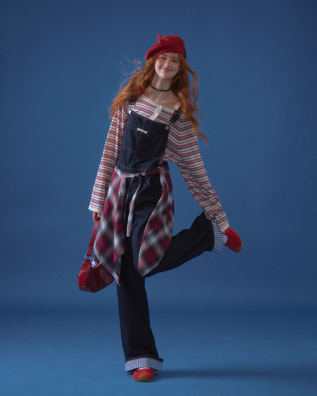Half Button Border Top / Wide-Leg Denim Overalls ASG0053