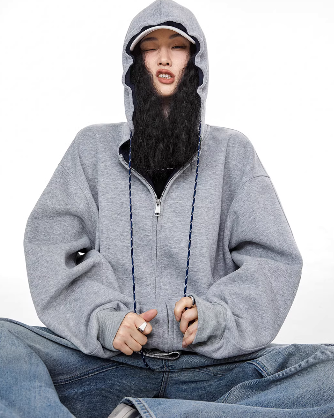 Oversized Drawstring Full Zip Hoodie ICM0073