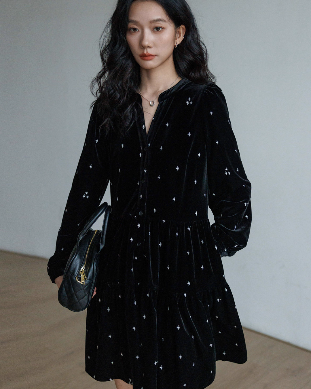 French Star Embroidery Velvet Dress VAS0128