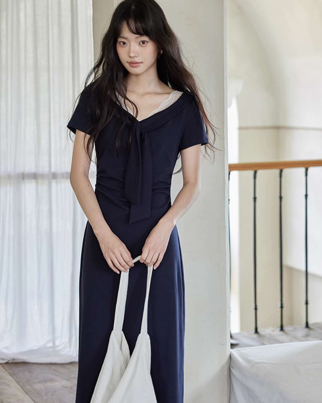 V-neck Navy Blue Dress SMS0025