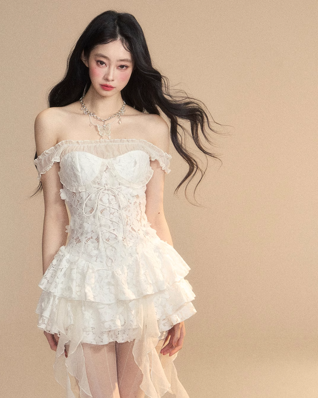 Off-shoulder lace ruffle dress LAS0022