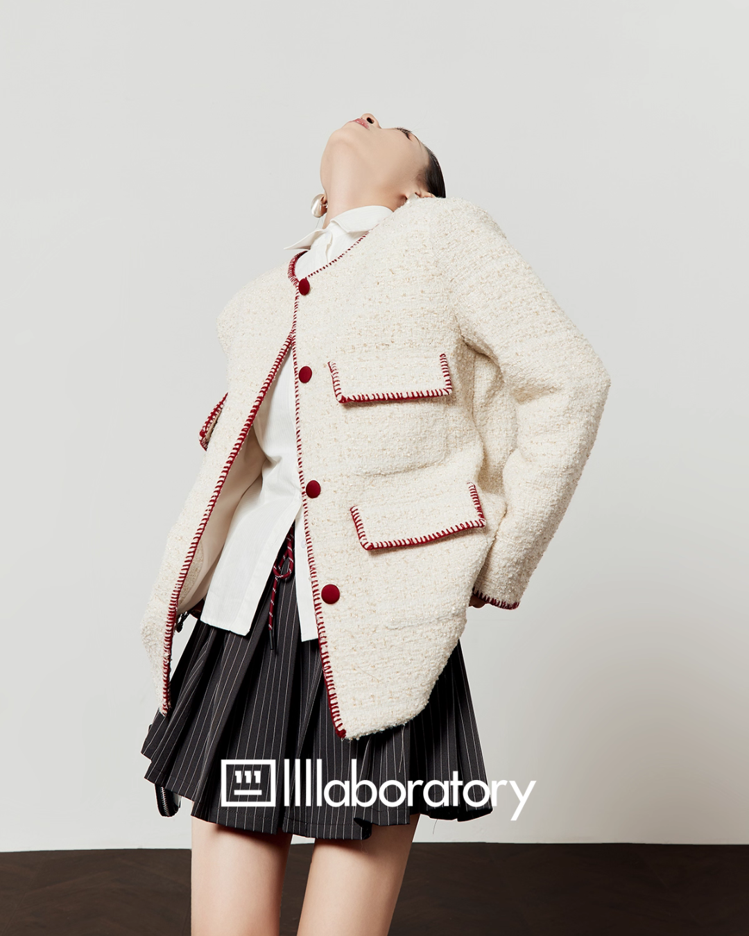 Elegant Tweed Jacket / Striped Pleated Skirt / White Long-Sleeve Shirt LLA0532