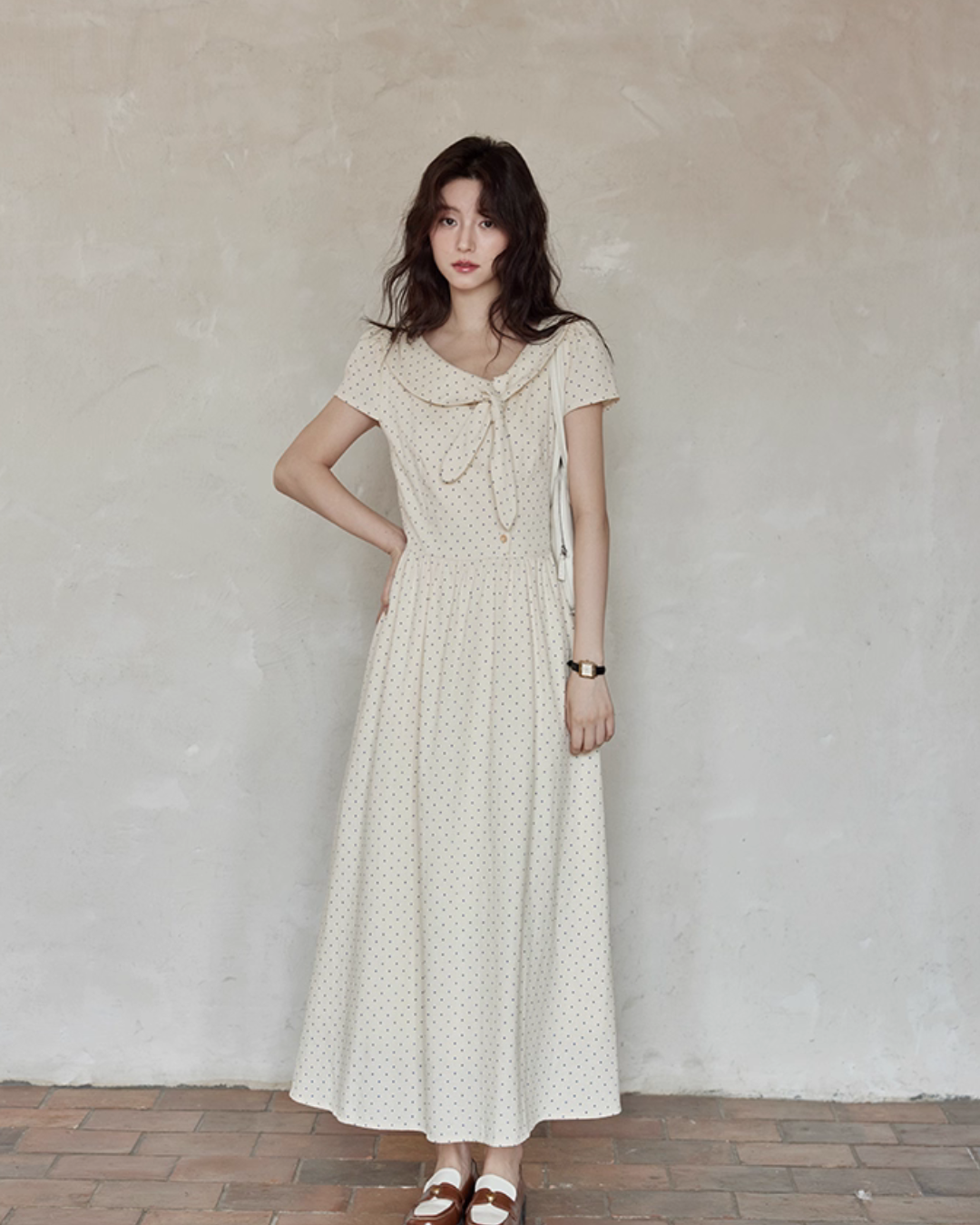 Ribbon Collar Polka Dot Dress SMS0022