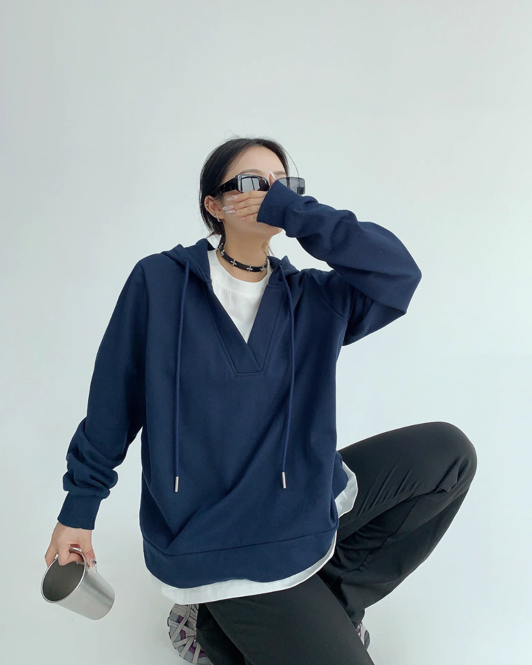 V-Neck Layered Style Sweat Hoodie YLS0514