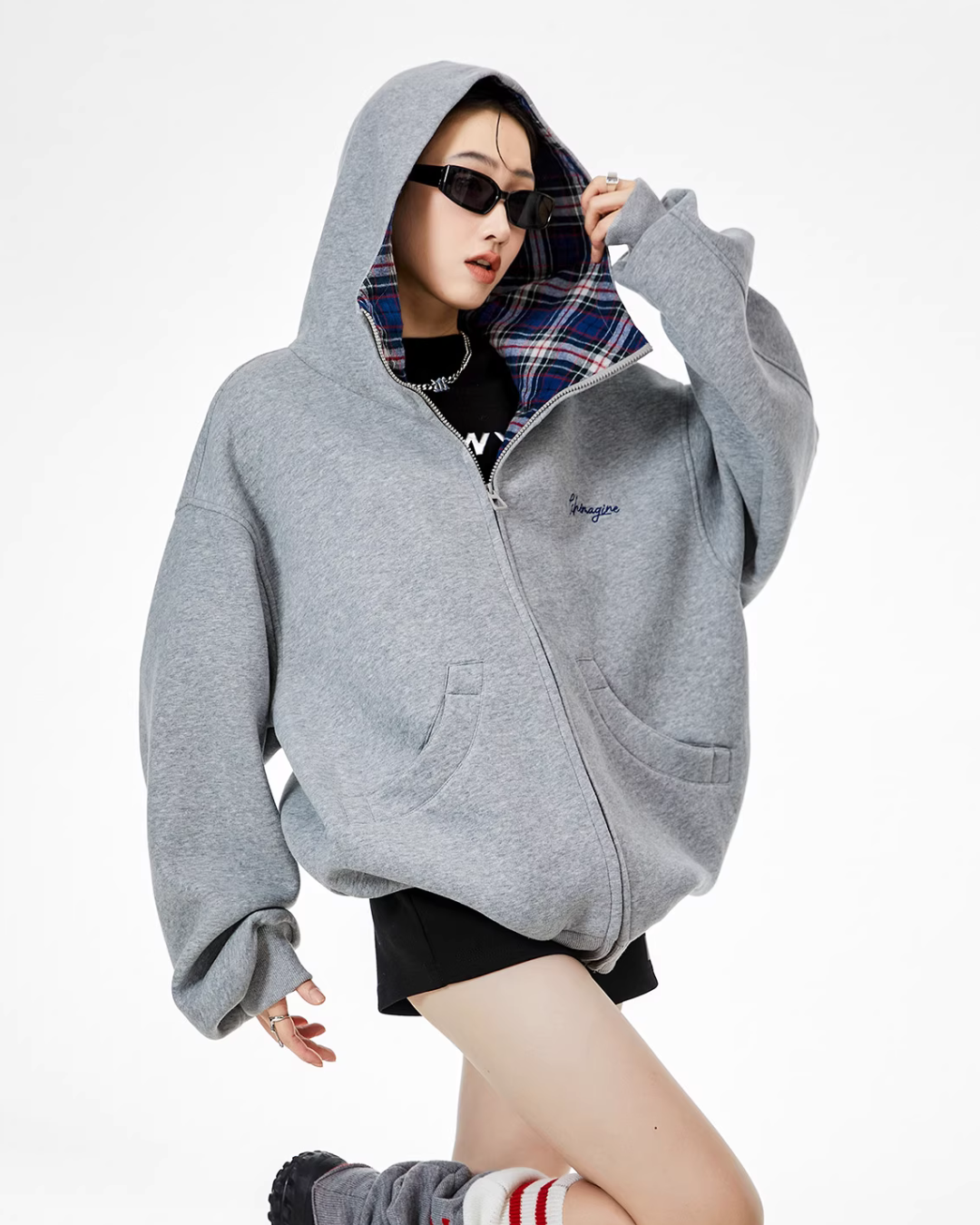 Retro Plaid Stitched Zip Hoodie ICM0069