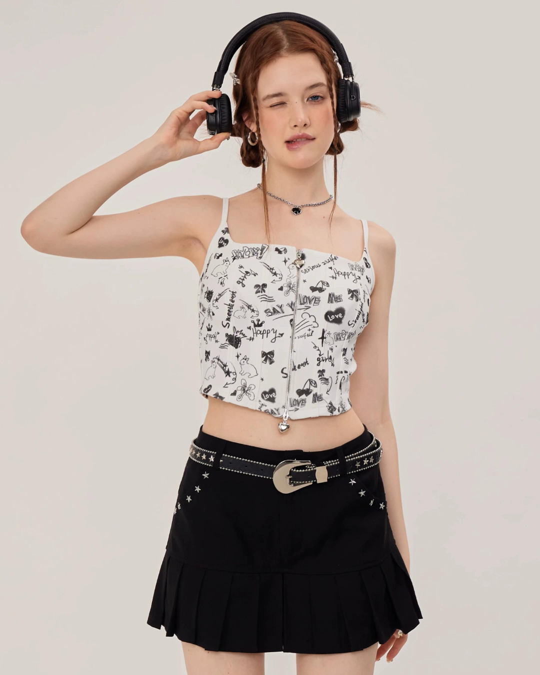 Graffiti Printed Zip Rib Camisole ZZF0252