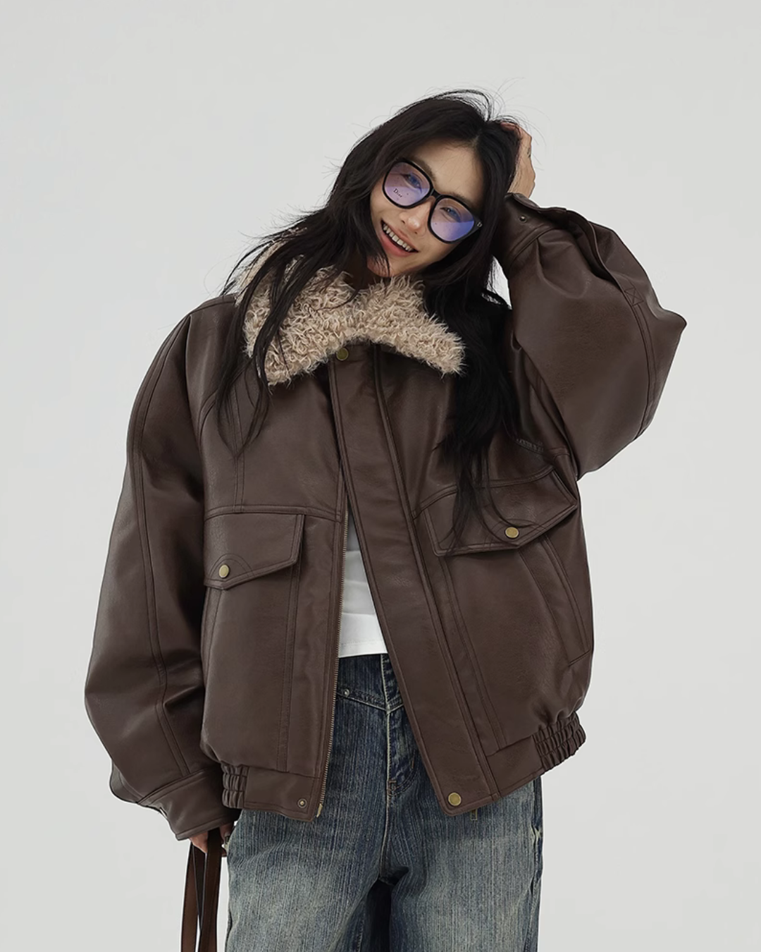 Boa Collar Faux Leather Blouson ACS0207