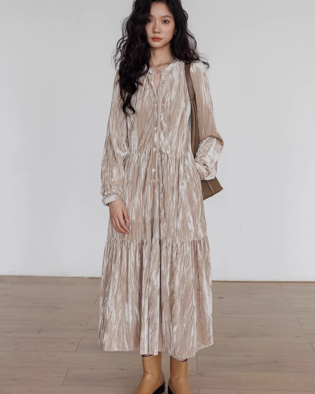 V-Neck Velvet Long Dress VAS0144