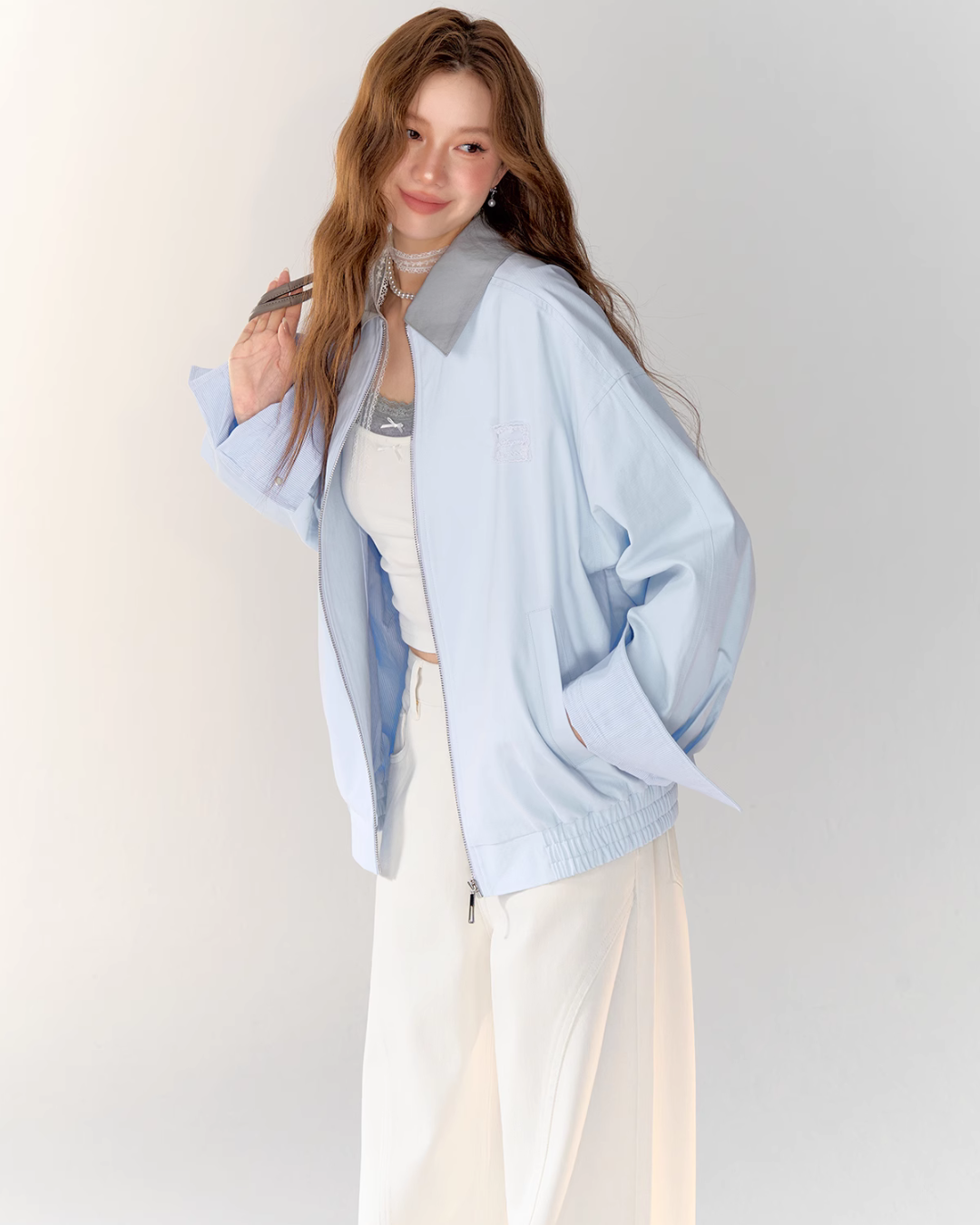 Light Sea Salt Blue Jacket / White Wide Pants ASG0021