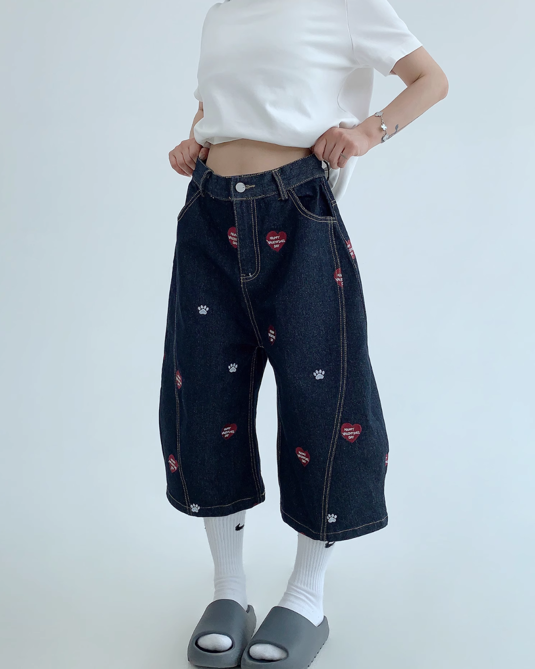 Heart Embroidery Design Wide Denim Pants YLS0851