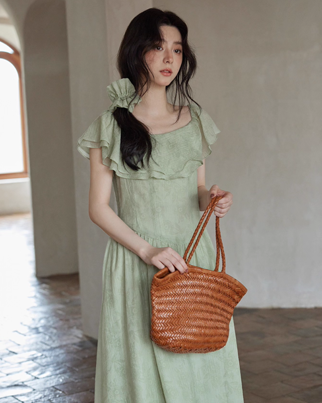 Frill Collar Green Long Dress SMS0012