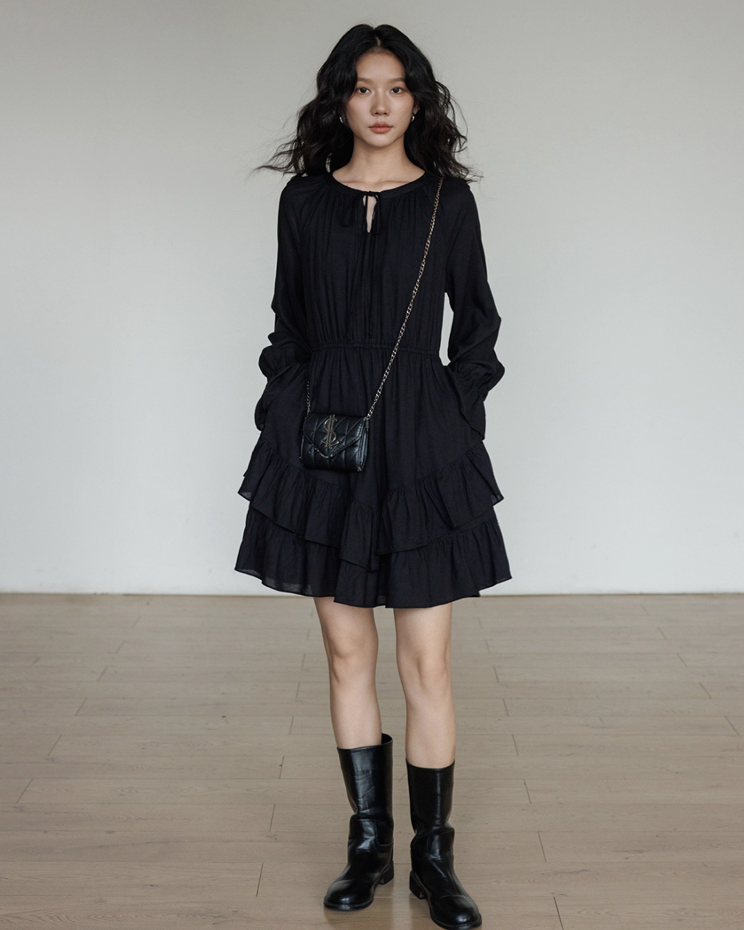 Round Neck Linen Long Sleeve Dress VAS0152
