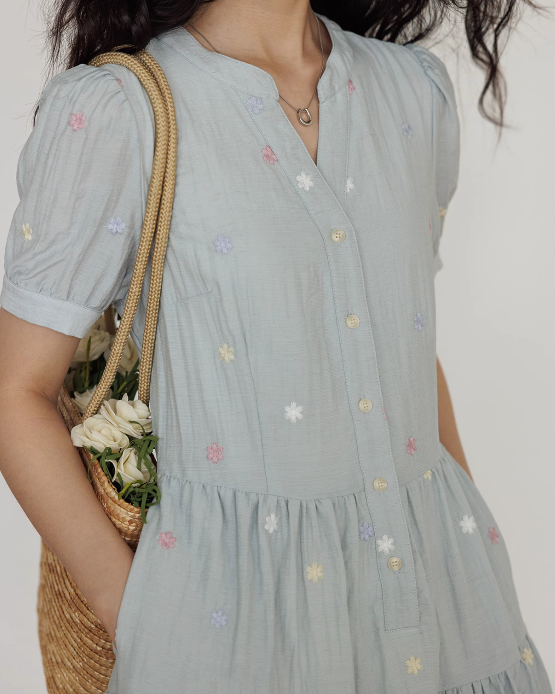 Flower Embroidery Tiered Mini Dress VAS0020