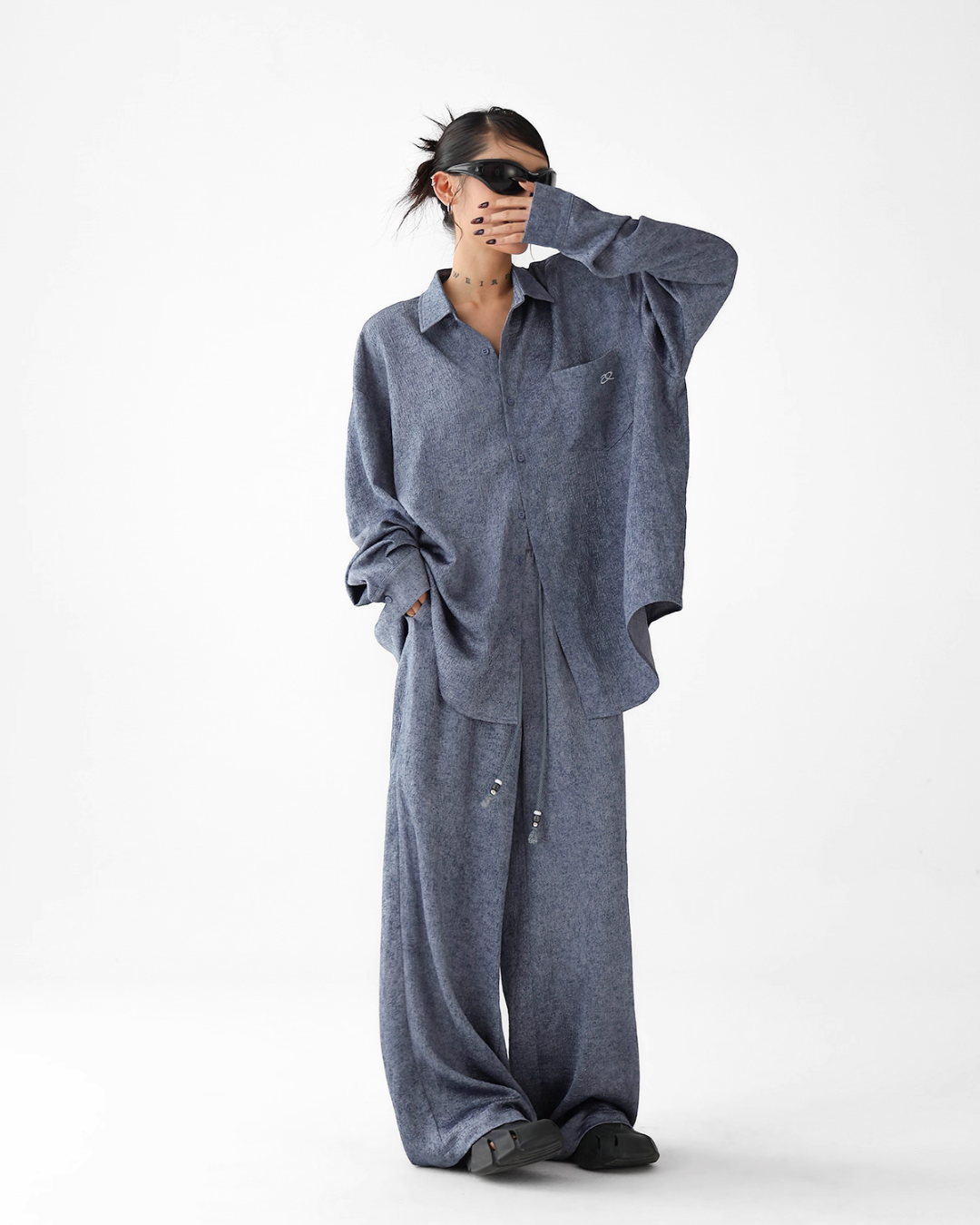 Dark Blue Drape Shirt / Waide Long Pants ACS0264