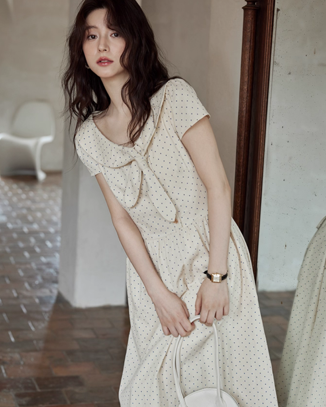 Ribbon Collar Polka Dot Dress SMS0022