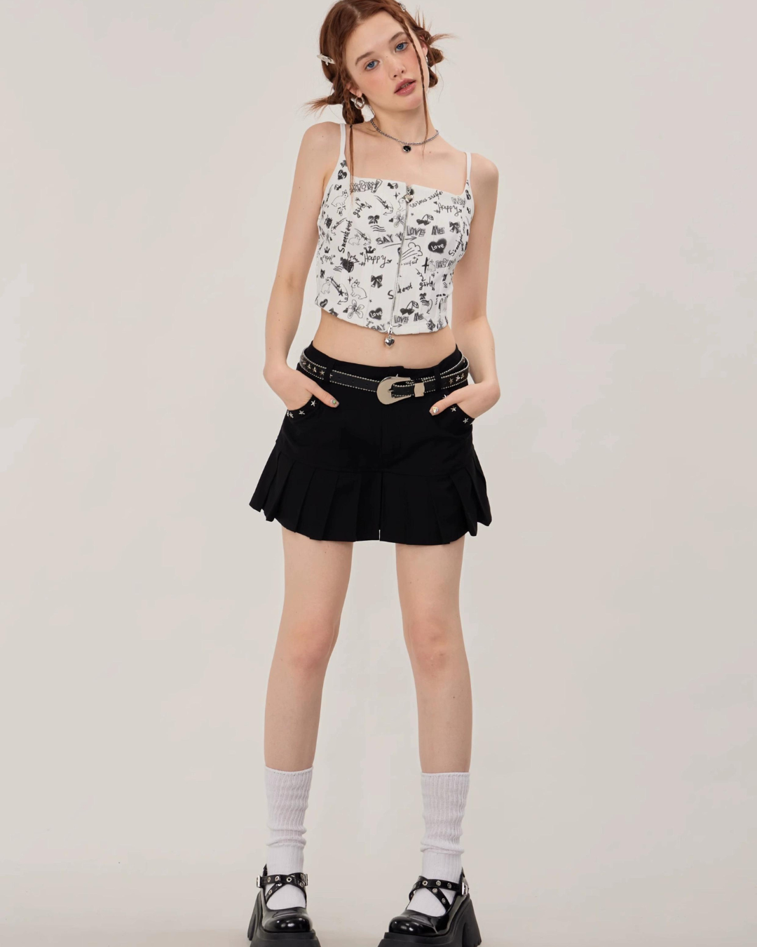 Graffiti Printed Zip Rib Camisole ZZF0252