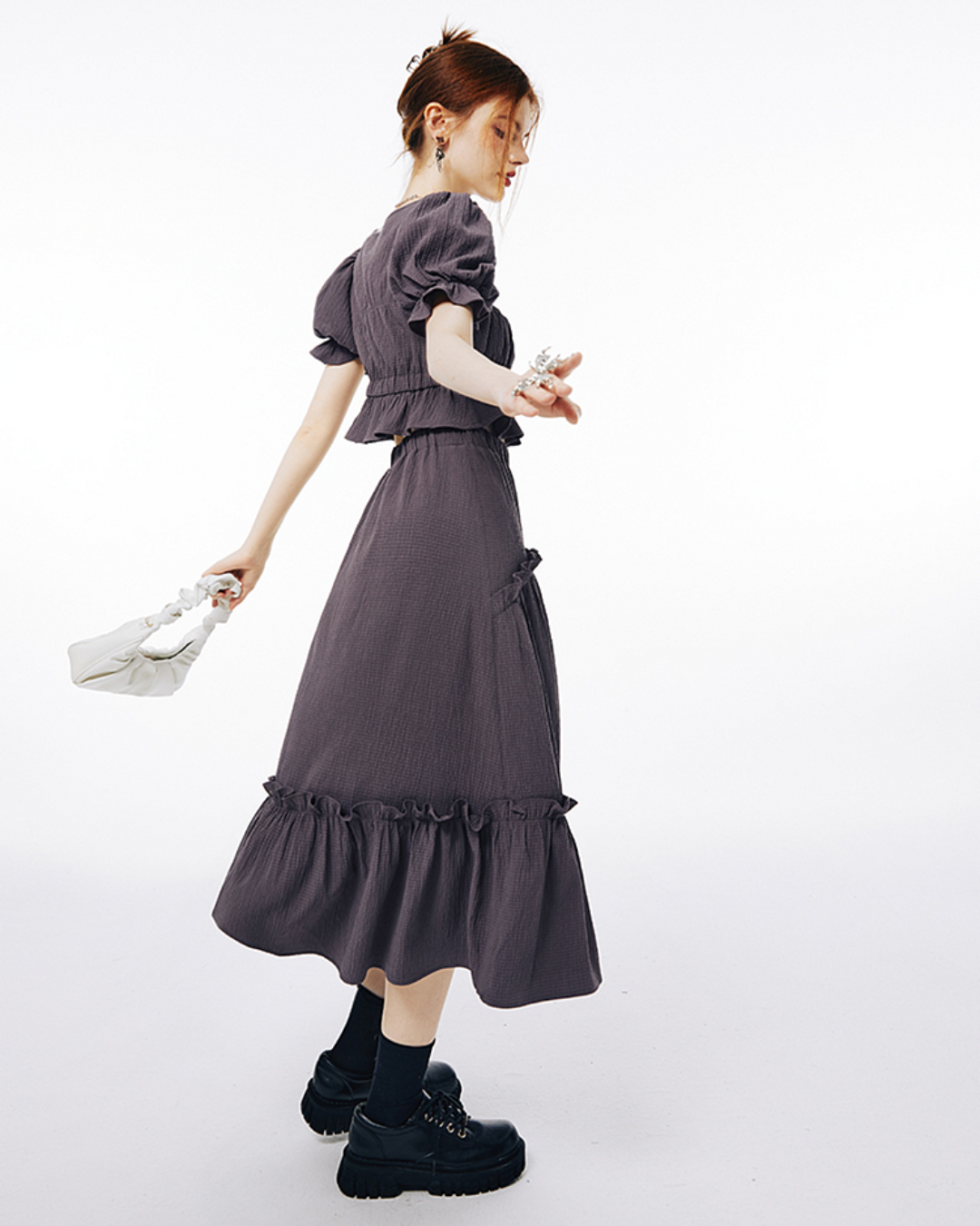 Balloon Sleeve Ruffle Dress IMO0065