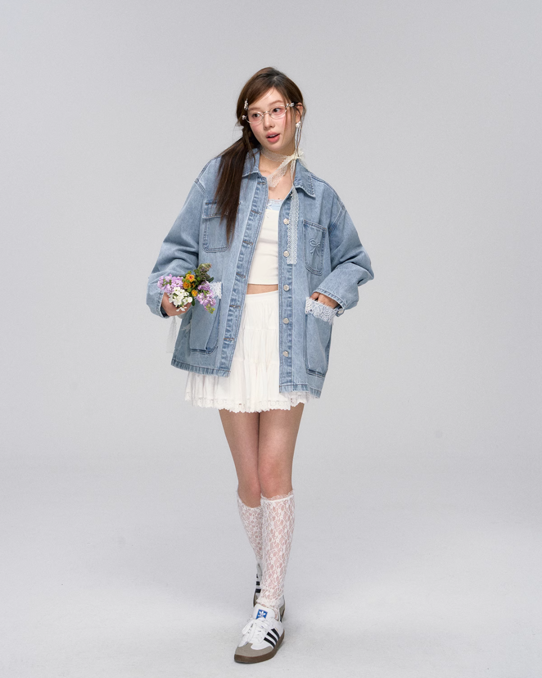 Lace Pocket Denim Jacket / Cropped Lace Camisole ASG0029